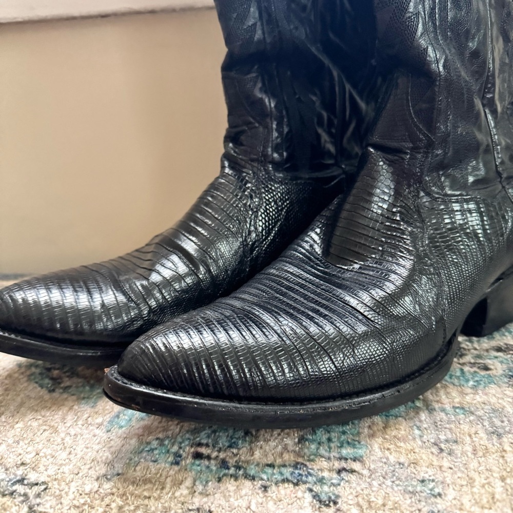 Vintage Dan Post Black Black Leather/ Lizard Western Cowboy Boots size 11 Men’s - Picture 4 of 12